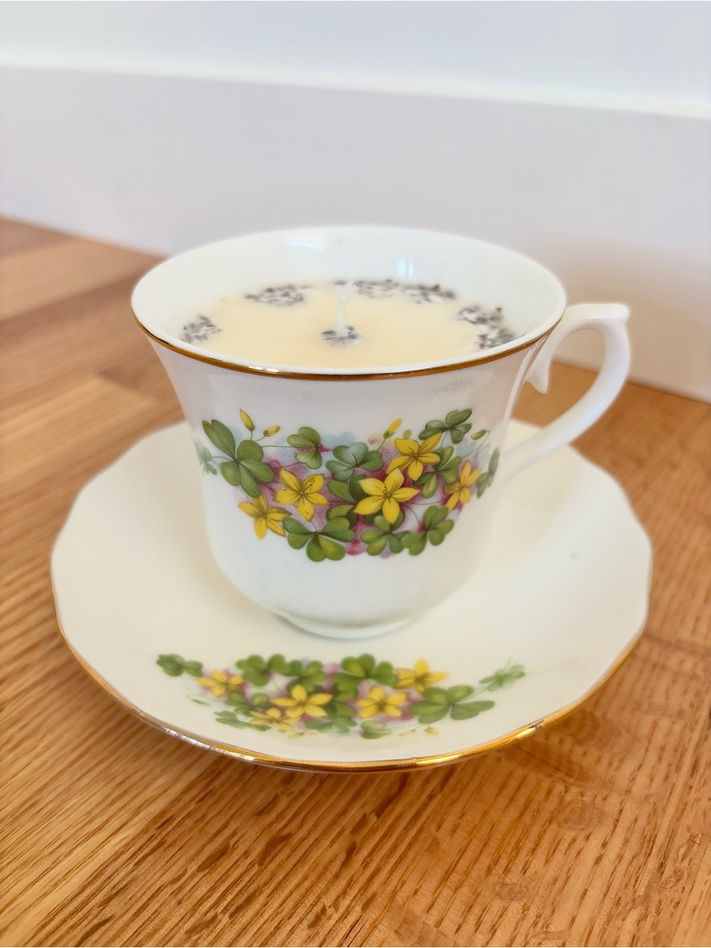 Vintage Cottagecore Candle in Bone China Teacup and Saucer - Handmade